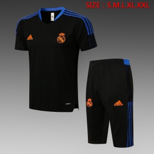 21 22 Real Madrid Short SLEEVE Black （With Cropped Trousers）S-2XL D593#