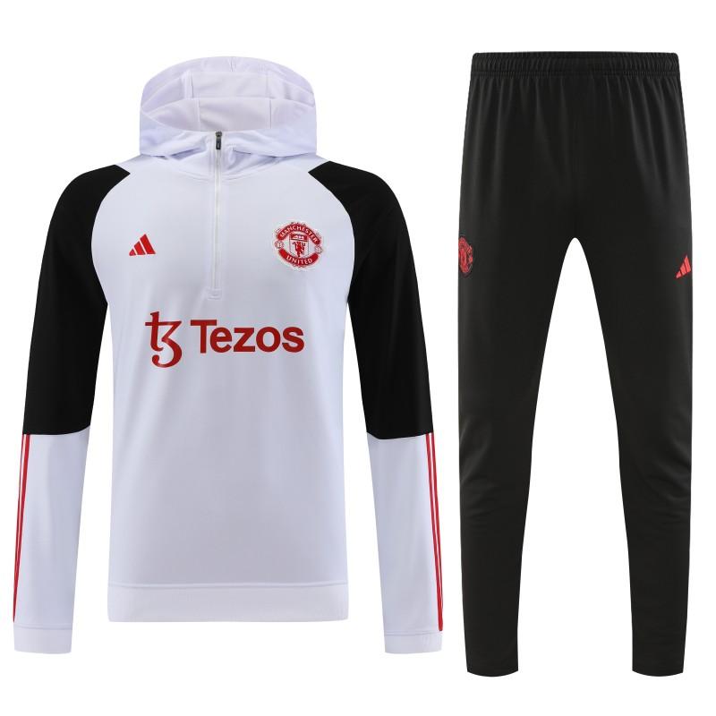 23/24 Manchester United White Hoodie Half Zipper Jacket+ Pants