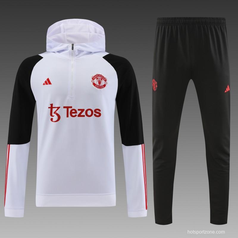 23/24 Manchester United White Hoodie Half Zipper Jacket+ Pants