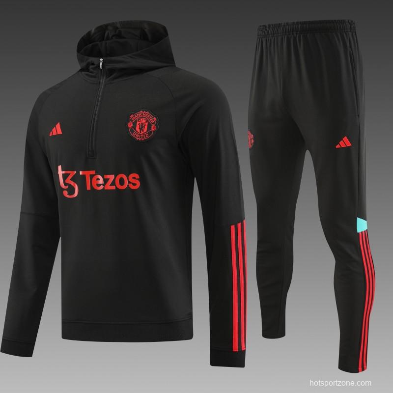 23/24 Manchester United Black Hoodie Half Zipper Jacket+ Pants