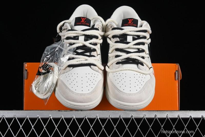 Nike SB Dunk Low LV Collaboration Anniversary Customized Sneakers in Off-White Black Swoosh Triple Floral - SJ2068-235