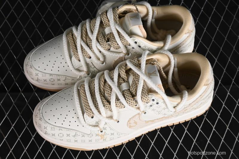 Nike SB Dunk Low LV Collaboration Strap Beige Swoosh Anniversary High-End Custom Low-Top Casual Sneakers - SJ2068-250