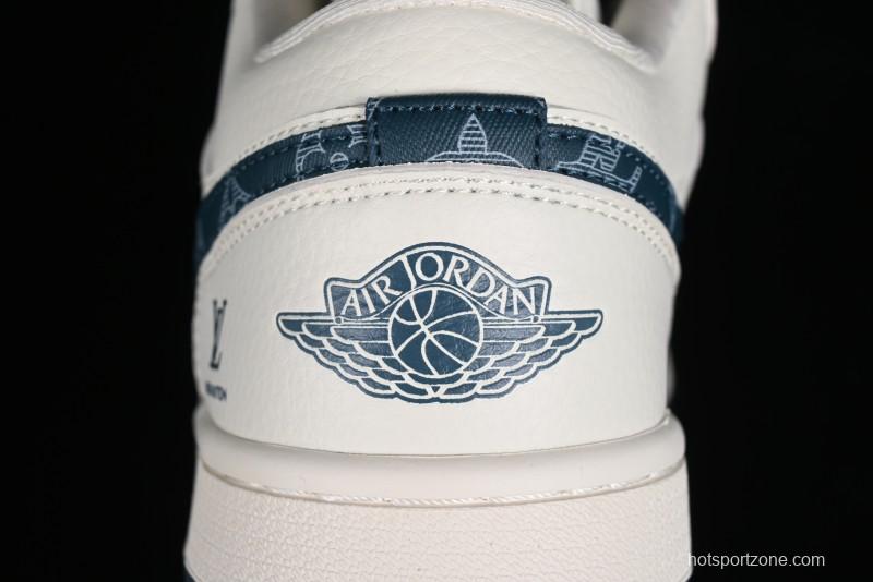Nike Air Jordan 1 Low LV Collaboration - White with Blue Swoosh Custom Casual Sneakers - WG8850-005