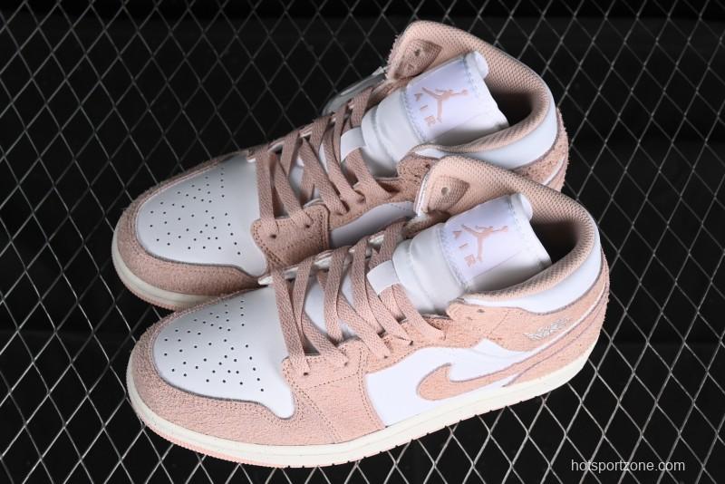 Nike Air Jordan AJ1 Mid Basketball Shoes in White Pink - FN7432-161
