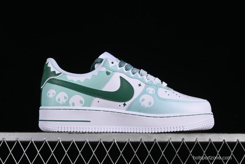 Nike Air Force 1 '07 Low Witch Collaboration Custom Leather Sneakers with Skull and Gradient White-Green Design - CW2288-111