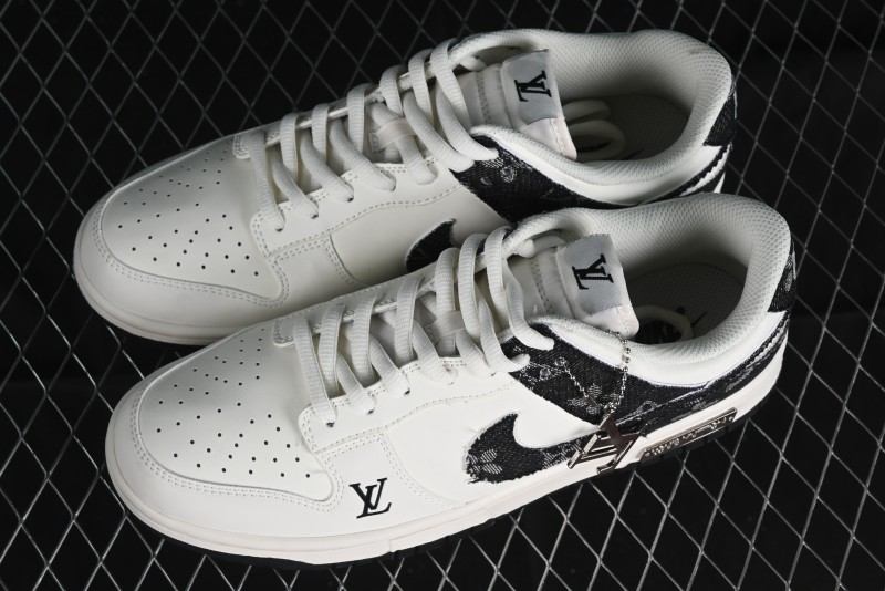Nike SB Dunk Low LV Collaboration - Black Denim Off-White Black Swoosh Anniversary Custom Low-Top Casual Skate Shoes - DJ2024-009