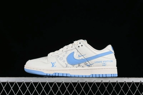 Nike SB Dunk Low LV Collaboration - Beige Blue Double Swoosh Print Anniversary Custom Low-Top Casual Sneakers - CF3688-005