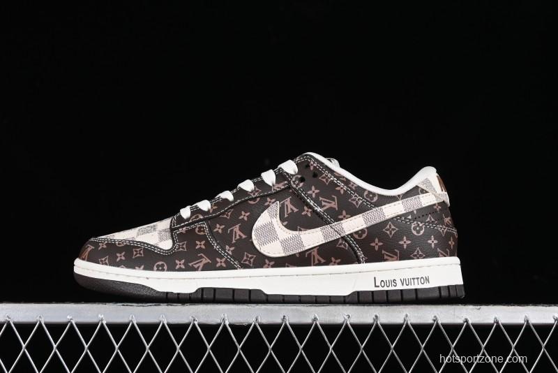 Nike SB Dunk Low LV Collaboration - Checkerboard Brown Monogram White Swoosh Anniversary High-End Custom Low-Top Casual Skate Shoes - SJ2068-255