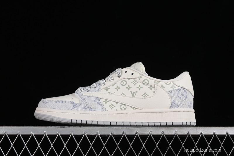 Nike Air Jordan 1 Low OG SP Travis Scott x Fragment Design LV Washed Blue Denim Casual Sneakers - SJ2068-007