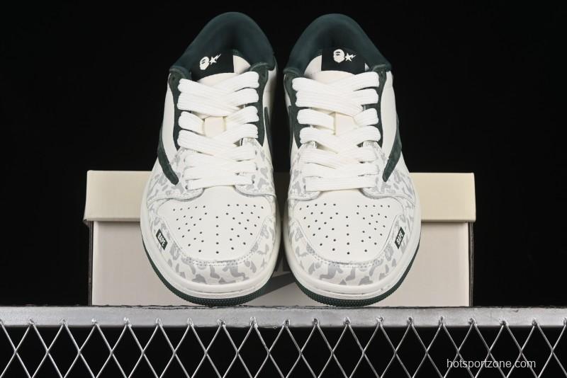 Nike Travis Scott x Fragment Design x Air Jordan 1 Low OG SP AJ1 Bape Collaboration - Camo Green Low Top Casual Sneakers - JH6088-614