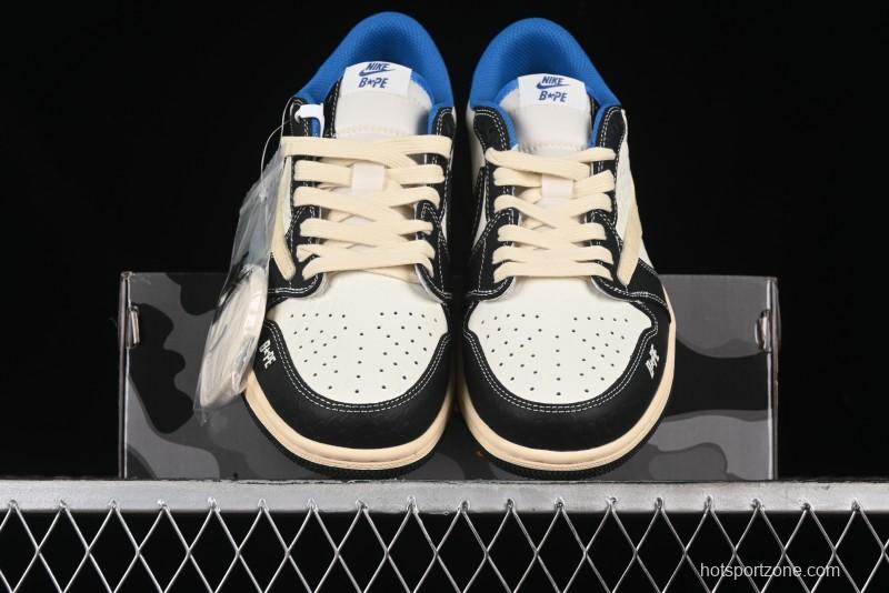 Nike Travis Scott x Fragment Design x Air Jordan 1 Low OG SP AJ1 Bape Collaboration - Crocodile Leather Black White Blue Low Top Casual Sneakers - XZ2828-001