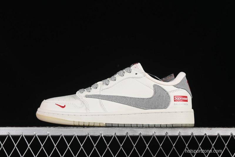 Nike Travis Scott x Fragment Design x Air Jordan 1 Low OG SP AJ1 Supreme Collaboration - Light Grey Denim Two-Tone Low-Top Casual Sneakers - JH6088-705
