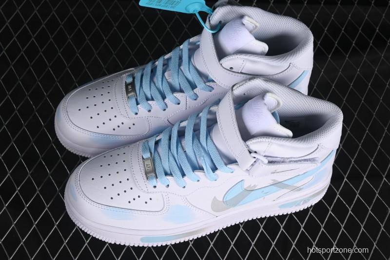 Nike Air Force 1 '07 Mid Light Blue Hand-Painted Cracked Three Stripes Shadow Mid-Top Casual Sneakers - CW2289-111