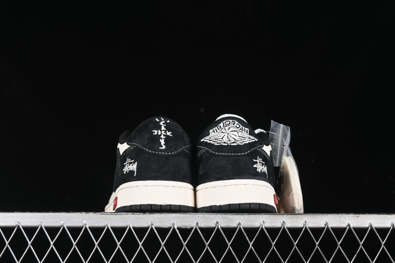 Nike Travis Scott x Fragment Design x Air Jordan 1 Low OG SP AJ1 Supreme Stussy Collaboration - Red Tab Black Warrior Low Top Casual Sneakers - SJ2068-124