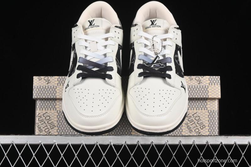 Nike SB Dunk Low LV Collaboration - Beige Black Printed Denim Anniversary High-End Custom Low-Top Casual Skate Shoes - XB3802-357
