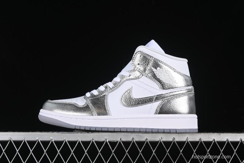 Nike Air Jordan 1 Mid Basketball Shoes Silver White - FN5031-100