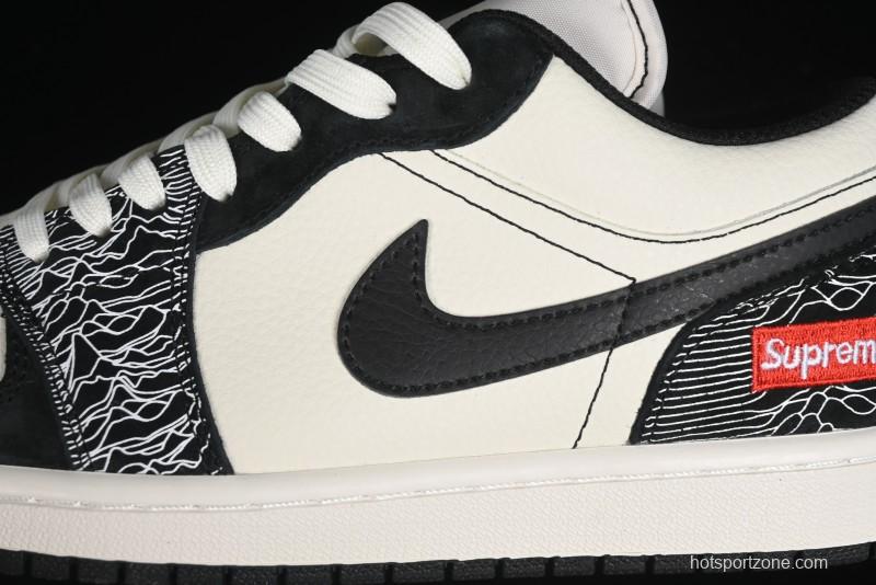Nike Air Jordan 1 Low Supreme Collaboration - Black White Embossed Custom Retro Basketball Shoes DC2024-032