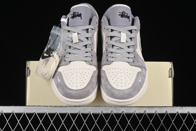 Nike Air Jordan 1 Low Stussy Collaboration - Light Bone Grey Dual-Tone Premium Custom Retro Basketball Shoes - SJ9950-045