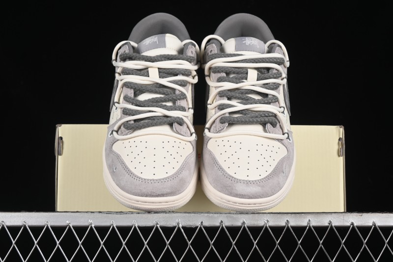 Nike SB Dunk Low Stussy Collaboration - Strap Grey Embroidered Swoosh Anniversary Custom Low-Top Casual Skate Shoes - SJ2068-307