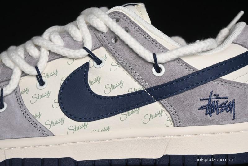 Nike SB Dunk Low Stussy Collaboration - Navy Blue Embroidery Swoosh Anniversary Custom Low-Top Casual Sneakers - SJ2068-296