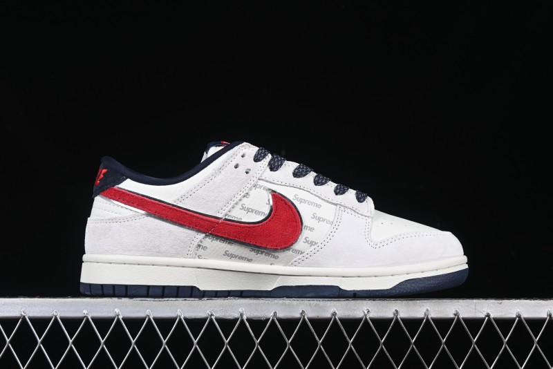 Nike SB Dunk Low Supreme Collaboration - Grey Pig Suede with Red Swoosh Anniversary Custom Edition Low-Top Casual Skate Shoes - CH8311-232
