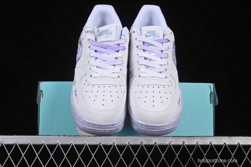 Nike Air Force 1 '07 Low Double Hearts Casual Sneakers with Hand-Drawn Anime Doodle and Pink Blue Hearts - CZ0377-002