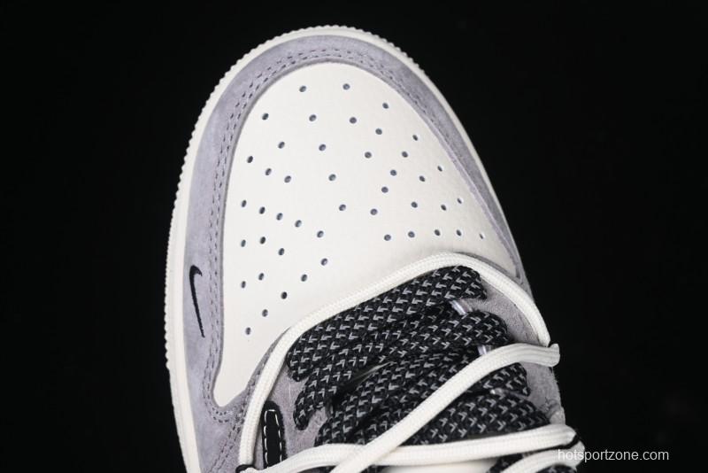 Nike Travis Scott x Fragment Design x Air Jordan 1 Low OG SP AJ1 Stussy Collaboration - Black Hook Dual-Tone Drawstring Low-Top Casual Sneakers - SJ0086-139