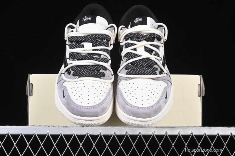 Nike Travis Scott x Fragment Design x Air Jordan 1 Low OG SP AJ1 Stussy Collaboration - Black Hook Dual-Tone Drawstring Low-Top Casual Sneakers - SJ0086-139