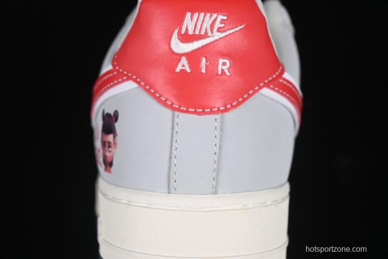 Nike Air Force 1 '07 Low Nezha Collaboration Grey Red Swoosh Casual Sneakers - DF0188-046