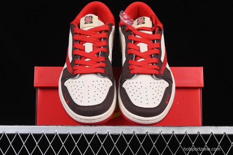 Nike Travis Scott x Fragment Design x Air Jordan 1 Low OG SP AJ1 Snake Year Limited Edition Snake Scale Red Hook Low Top Lifestyle Casual Sneakers - CH6336-020