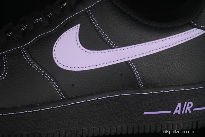 Nike Air Force 1'07 Low Casual Sneakers in Black with Purple Swoosh - HQ2037-001