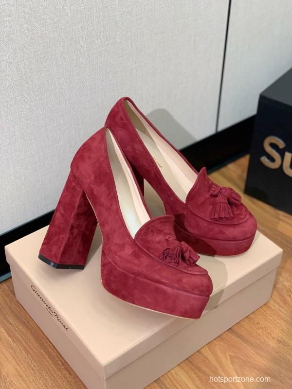 2025 Women Gianvito Rossi Red Suede Platform Loafers Tassel KFY00330