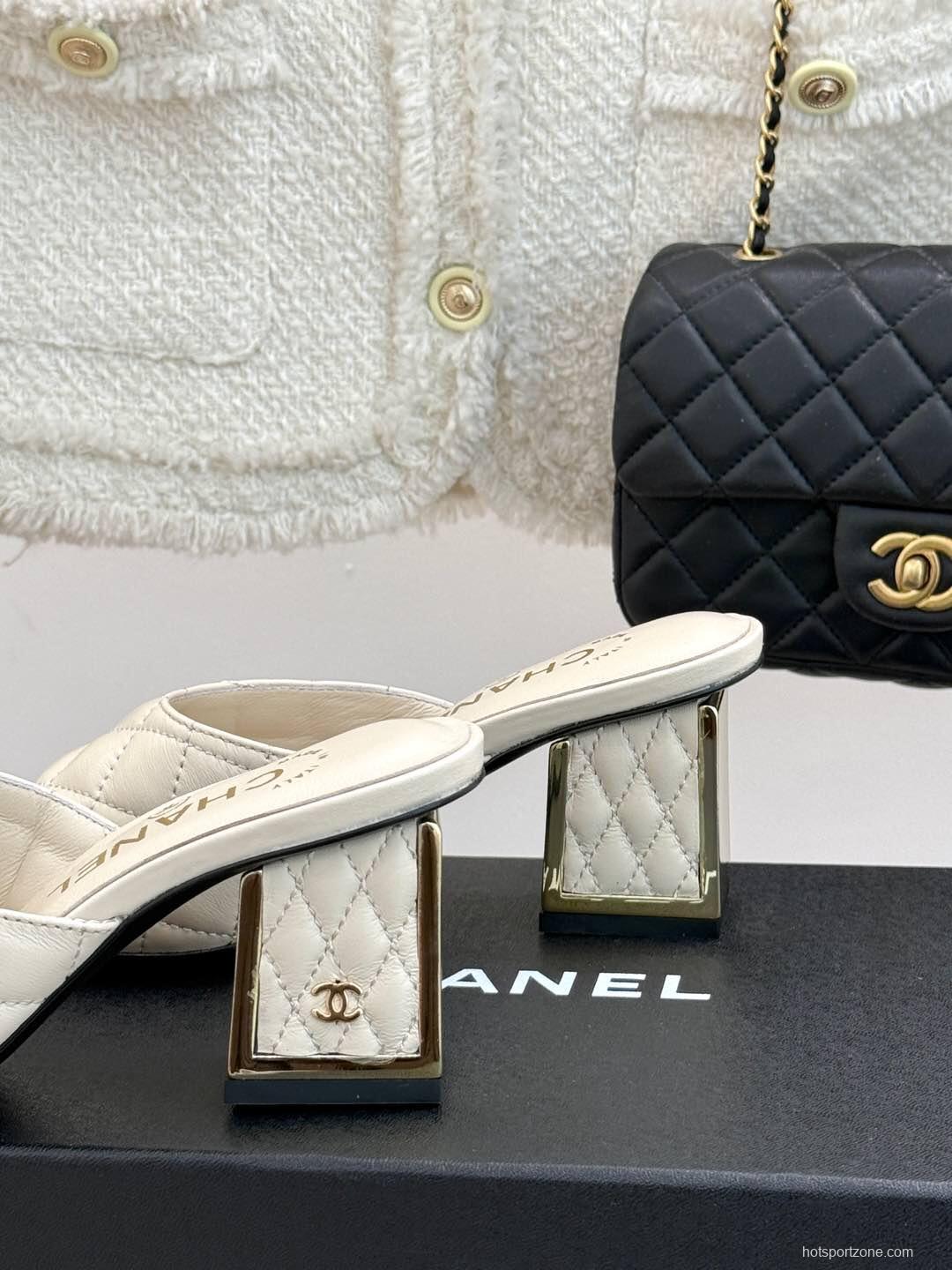 2025 Women Chanel White Lambskin High Heel Slippers Quilted KFY00260
