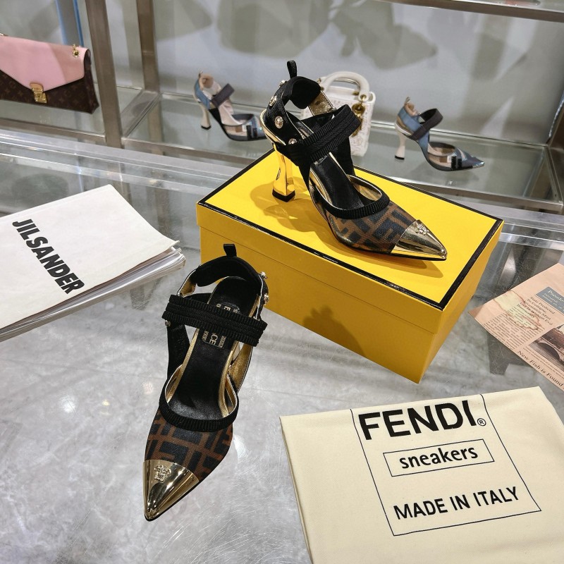 2025 Women Fendi Brown Black Leather Mesh High Heels MJ00280