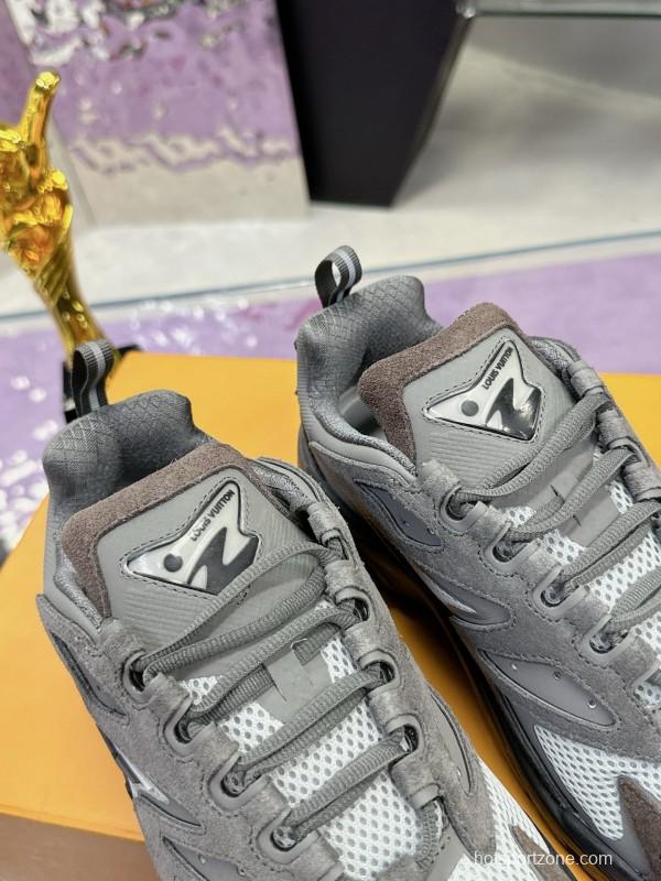 2025 Men Louis Vuitton Grey White Mesh Leather Sneakers MJ00420