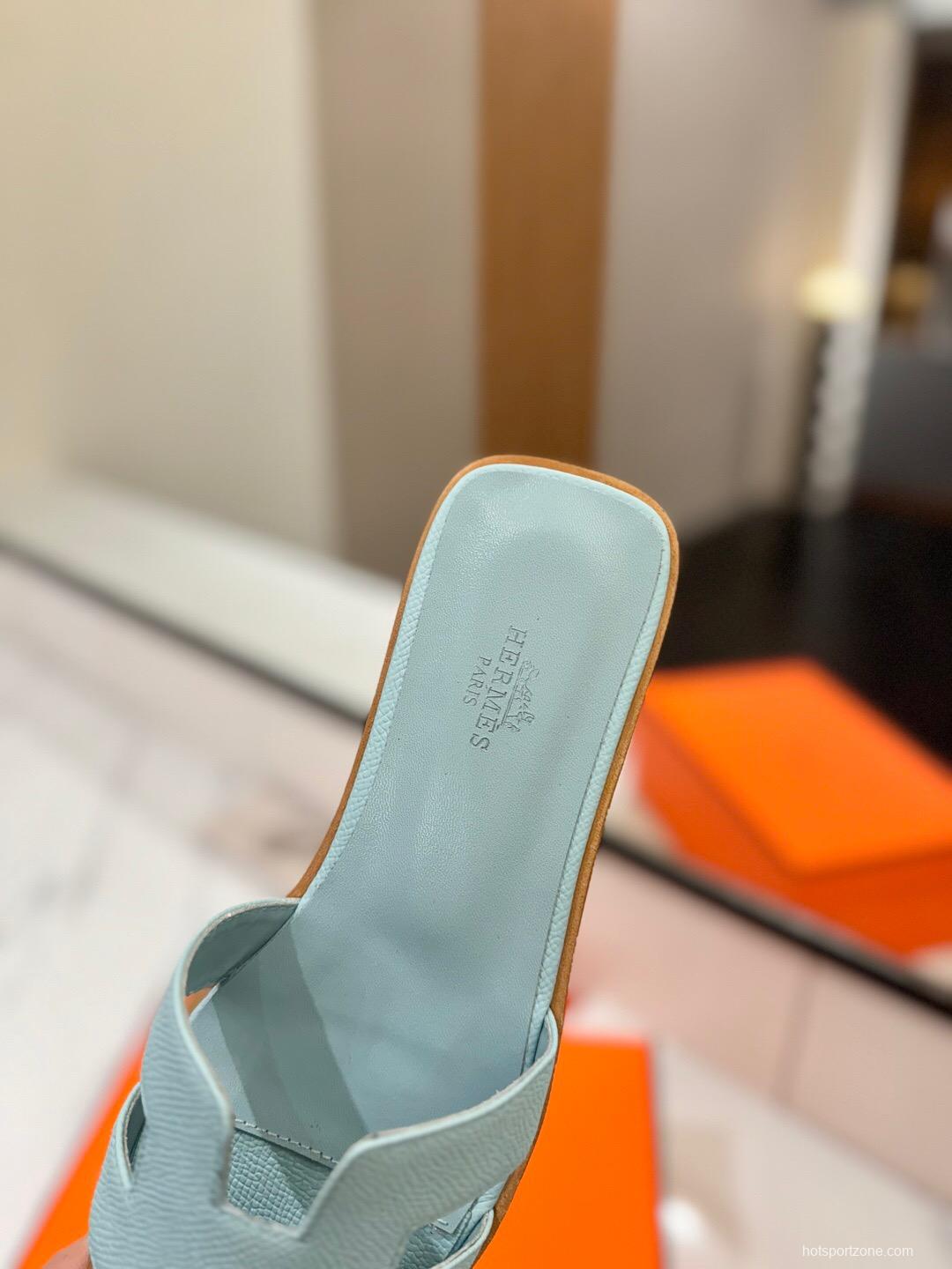 2025 Women Hermès Light Blue Leather Slippers