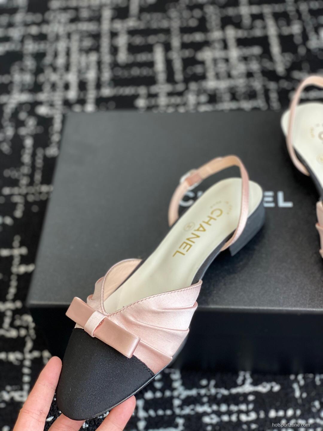 2025 Women Chanel Pink Black Silk Leather Sandals Satin Bow KFY00289