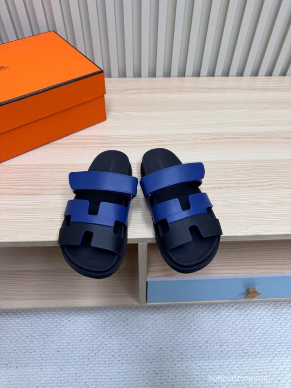 2025 Slippers Hermès Blue Black Leather Slippers