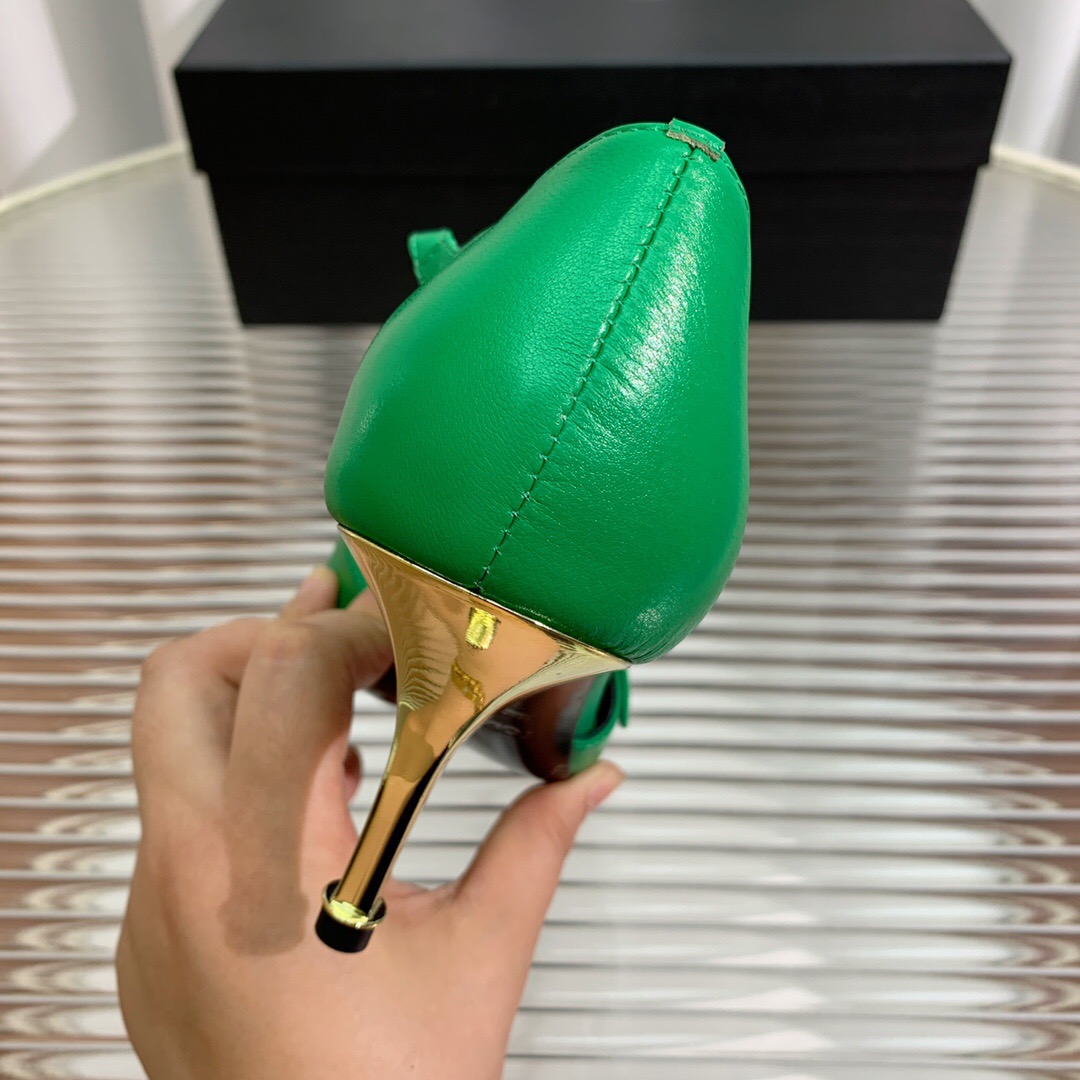 2025 Women TOM FORD Green Gold Leather Pointed Toe Mary Jane KFY00320