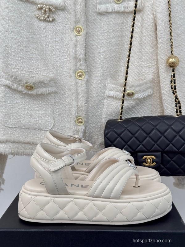 2025 Women Chanel White Leather Sandals