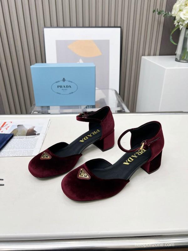 2025 Women Prada Burgundy Velvet Mary Jane Heel LY00270