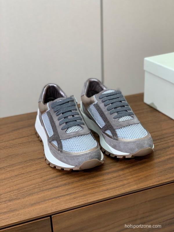 2025 Unisex Brunello Cucinelli Grey Silver Suede Mesh Sneakers