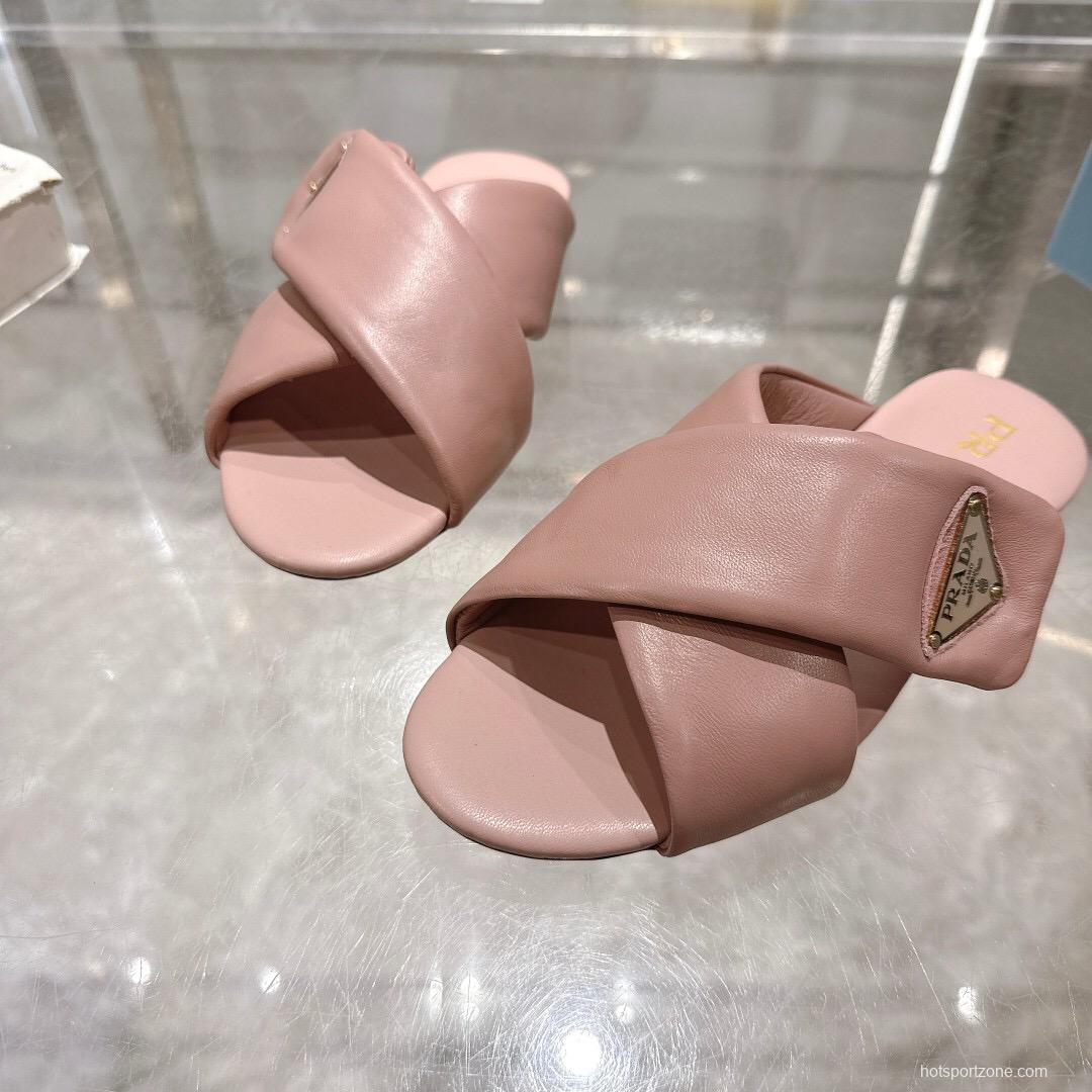 2025 Women Prada Pink Leather Slippers