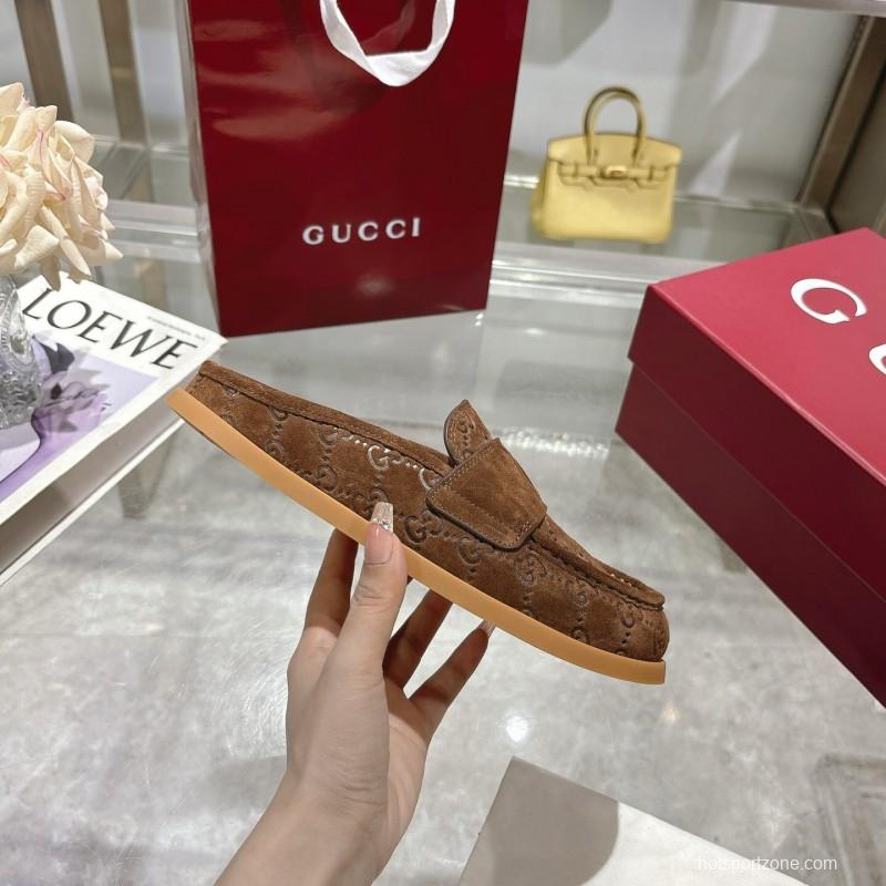 2025 Women Gucci Dark Brown Suede Mule Embossed GG LY00270