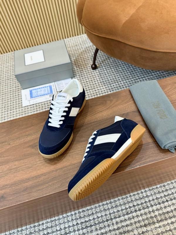 2025 Men TOM FORD Navy White Suede Leather Sneakers LY00360