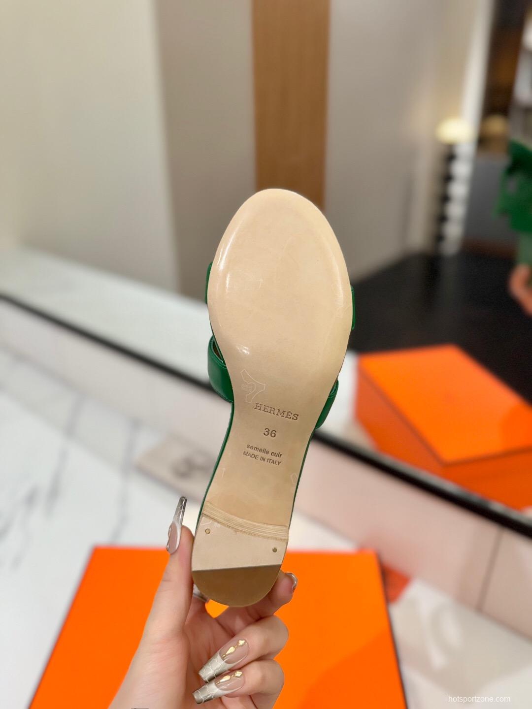 2025 Women Hermès Green Leather Sandal