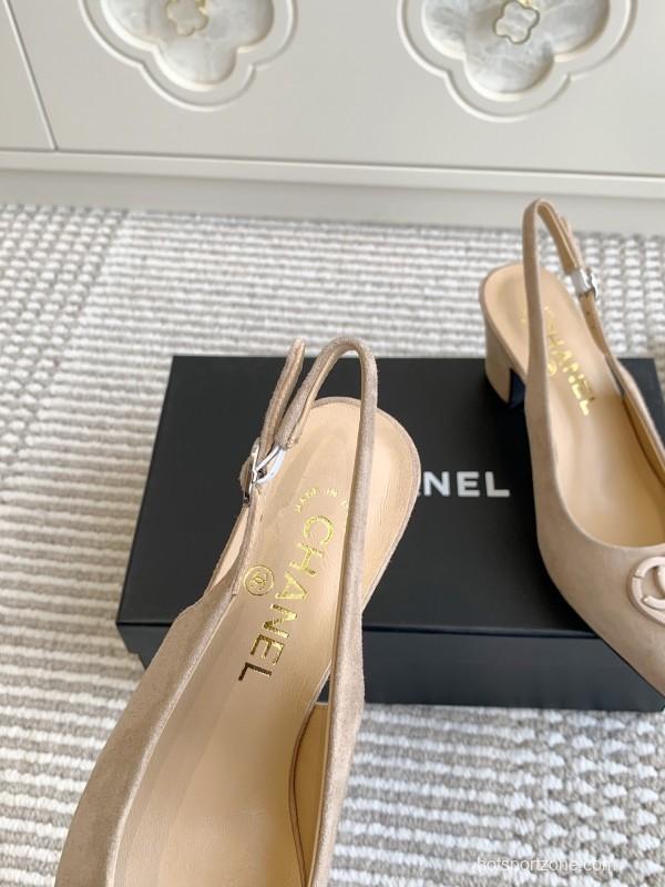 2025 Women Chanel Beige Suede Slingback Pointed Toe Heart CC Sandals