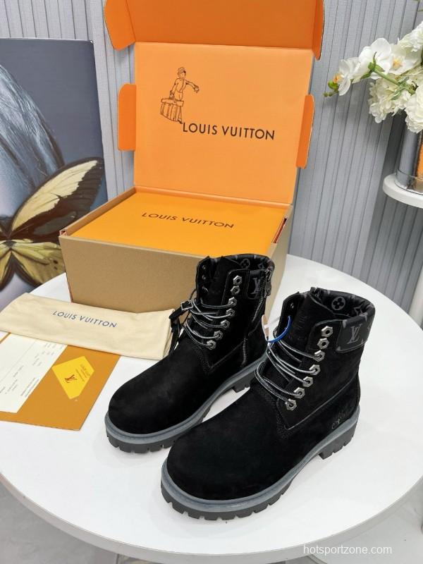 2024 Unisex Louis Vuitton Black Suede Leather 6 Inch Waterproof Embossed Leather Ankle Boots MJ00450