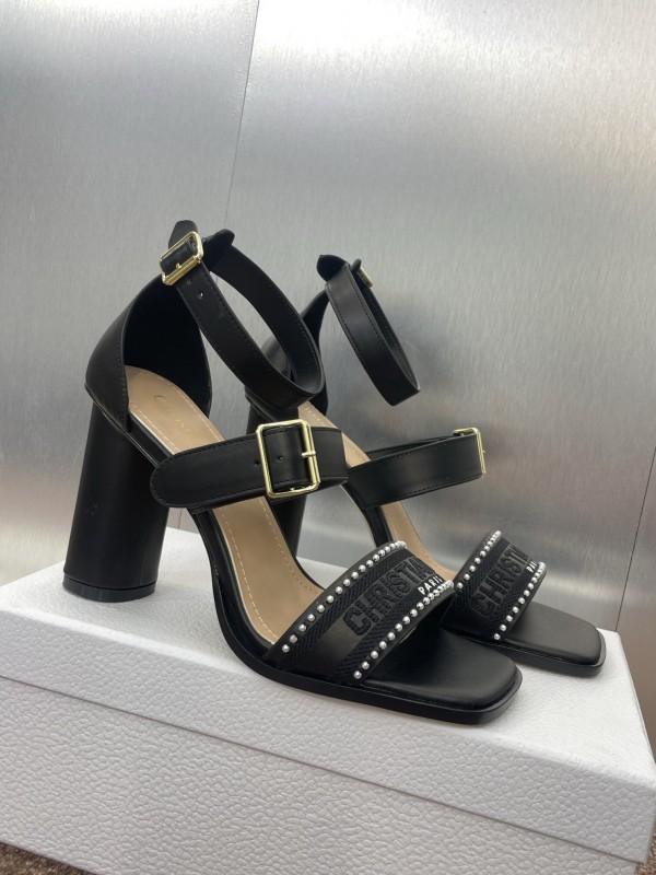 2025 Women Dior Black Leather High Heel Sandals Studded KFY00320