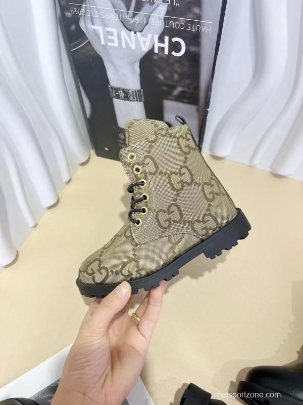 2024 Kids Gucci Brown Black Canvas Leather Boots